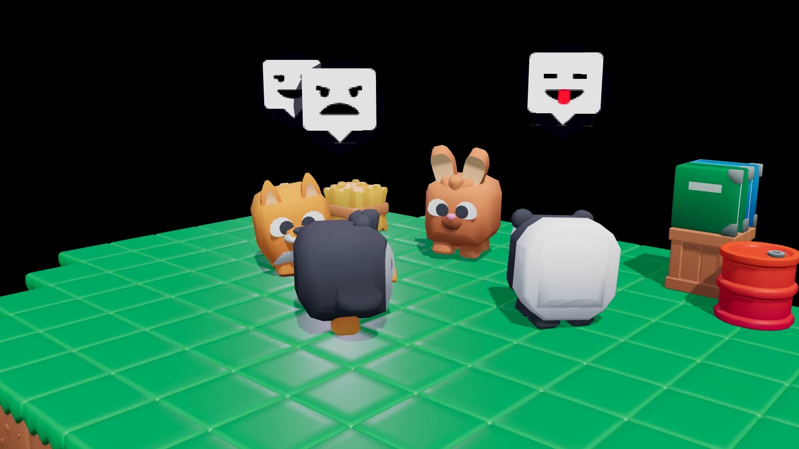 A cat, a penguin, a bunny and a panda standing in a loose group on a green tiled floor, emotes over their heads