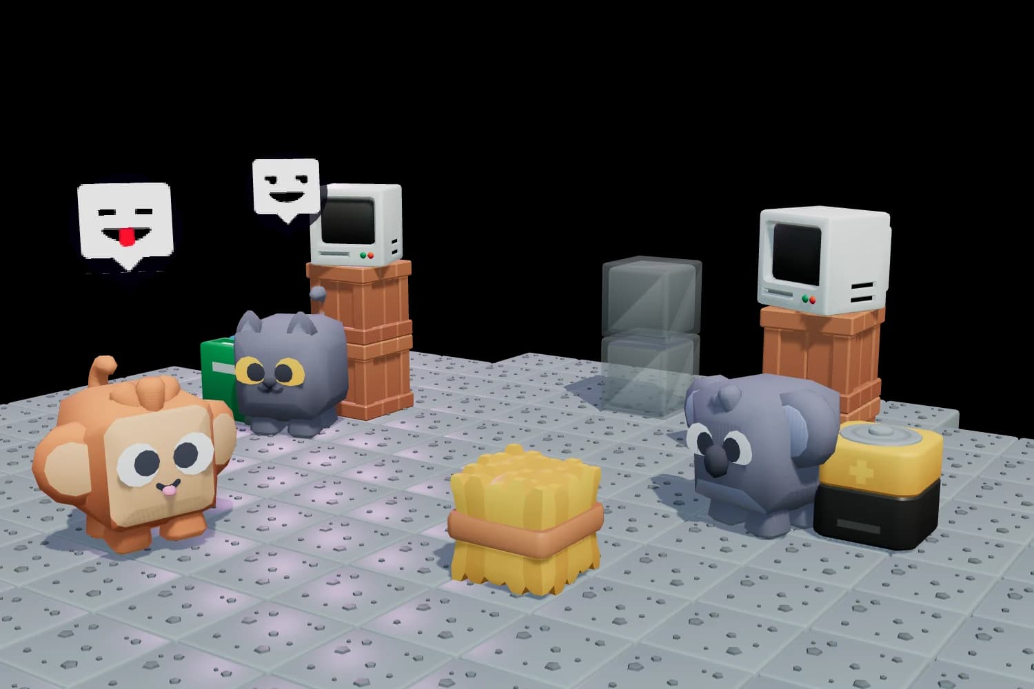 Three animals on a stone floor between two brick workstations with monitors on them