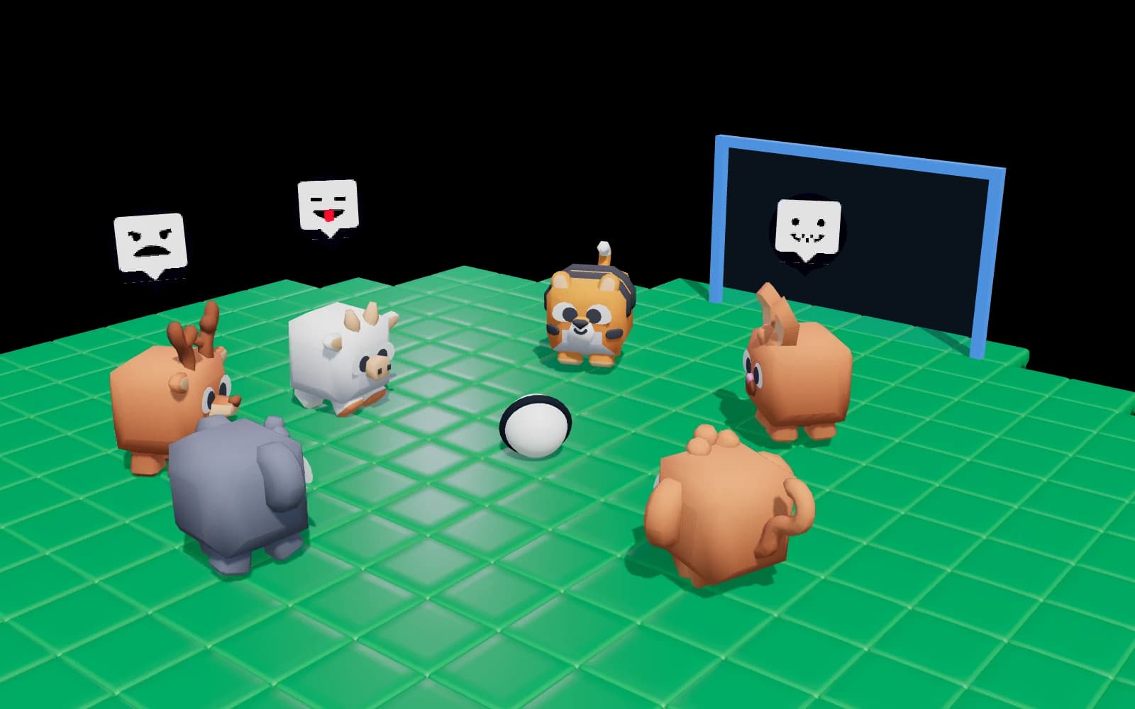 Six animals converging on a football from all sides of a grass pitch