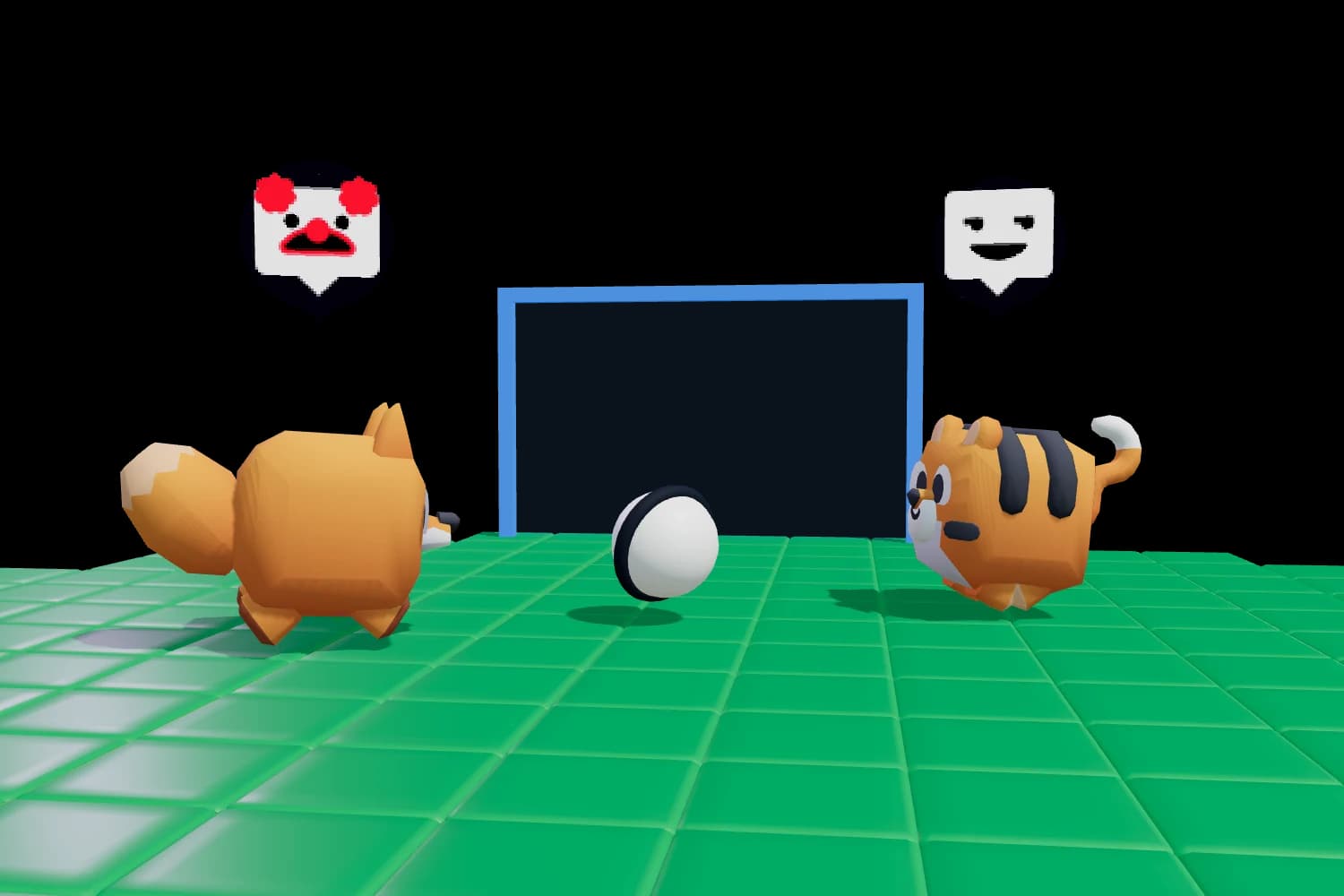 Two animals facing each other over a football on a grass pitch, a goal behind them