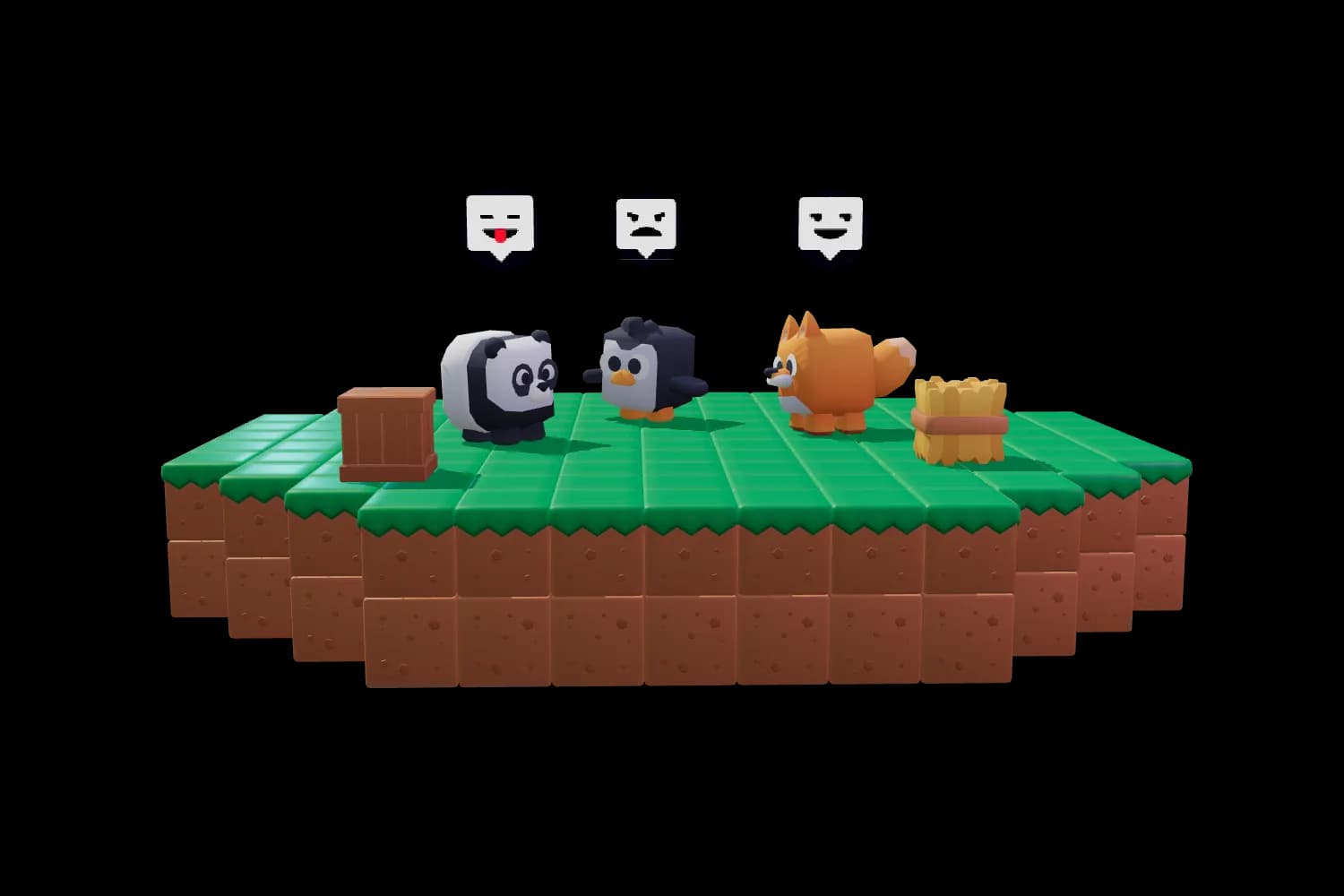 A panda, a penguin and a fox standing together on a small grass island, each with an emote over their head