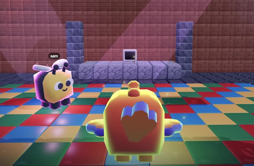 Two animals standing on a lit checkerboard dancefloor in a brick hall, coloured spotlights sweeping the walls behind them