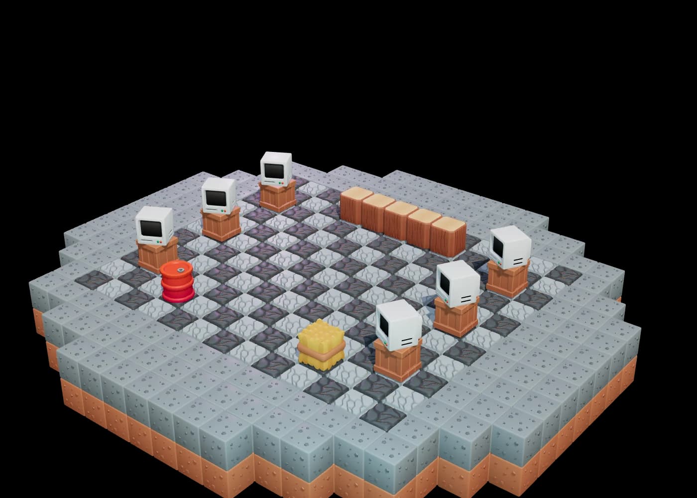 A stone floor with a team table on each side and a low wooden stage at the front
