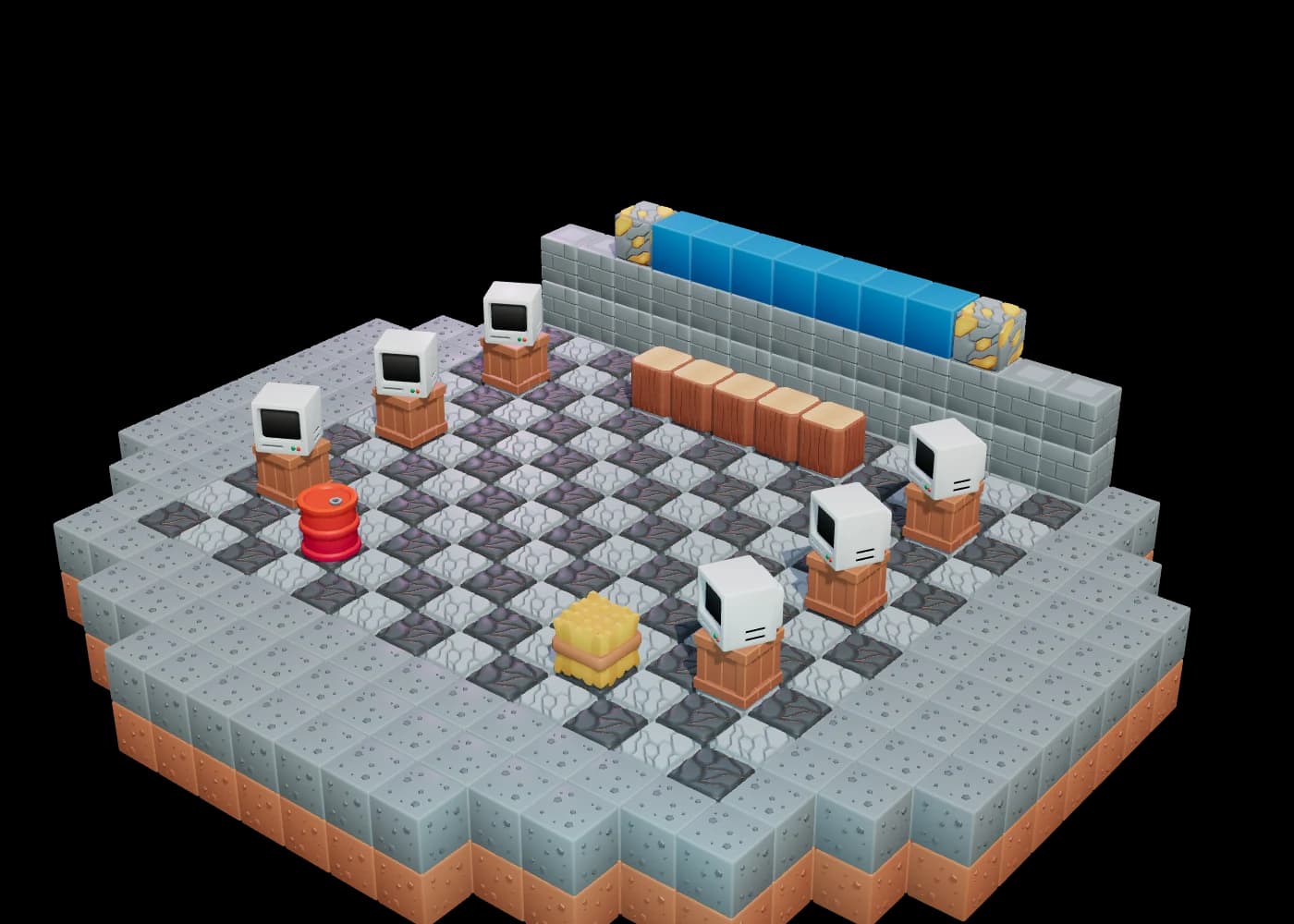 The same room with a brick back wall and a coloured banner across it