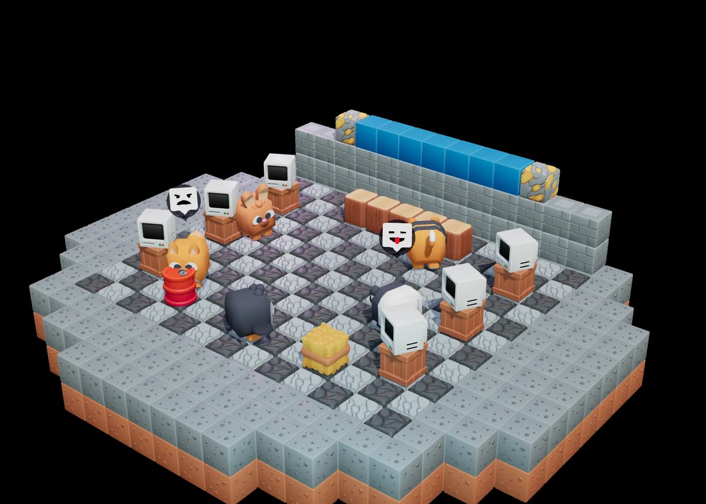 The finished room with five animals walking in across the floor, emotes above them