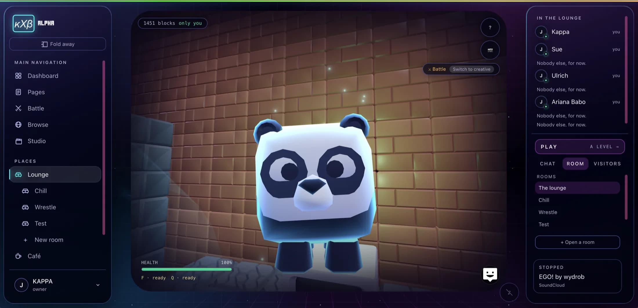 The app in a browser: a panda standing in a brick-walled lounge in the middle, a left rail listing the rooms and tools, a right rail showing who is here and what is on the radio, and a switch in the corner reading Battle, switch to creative