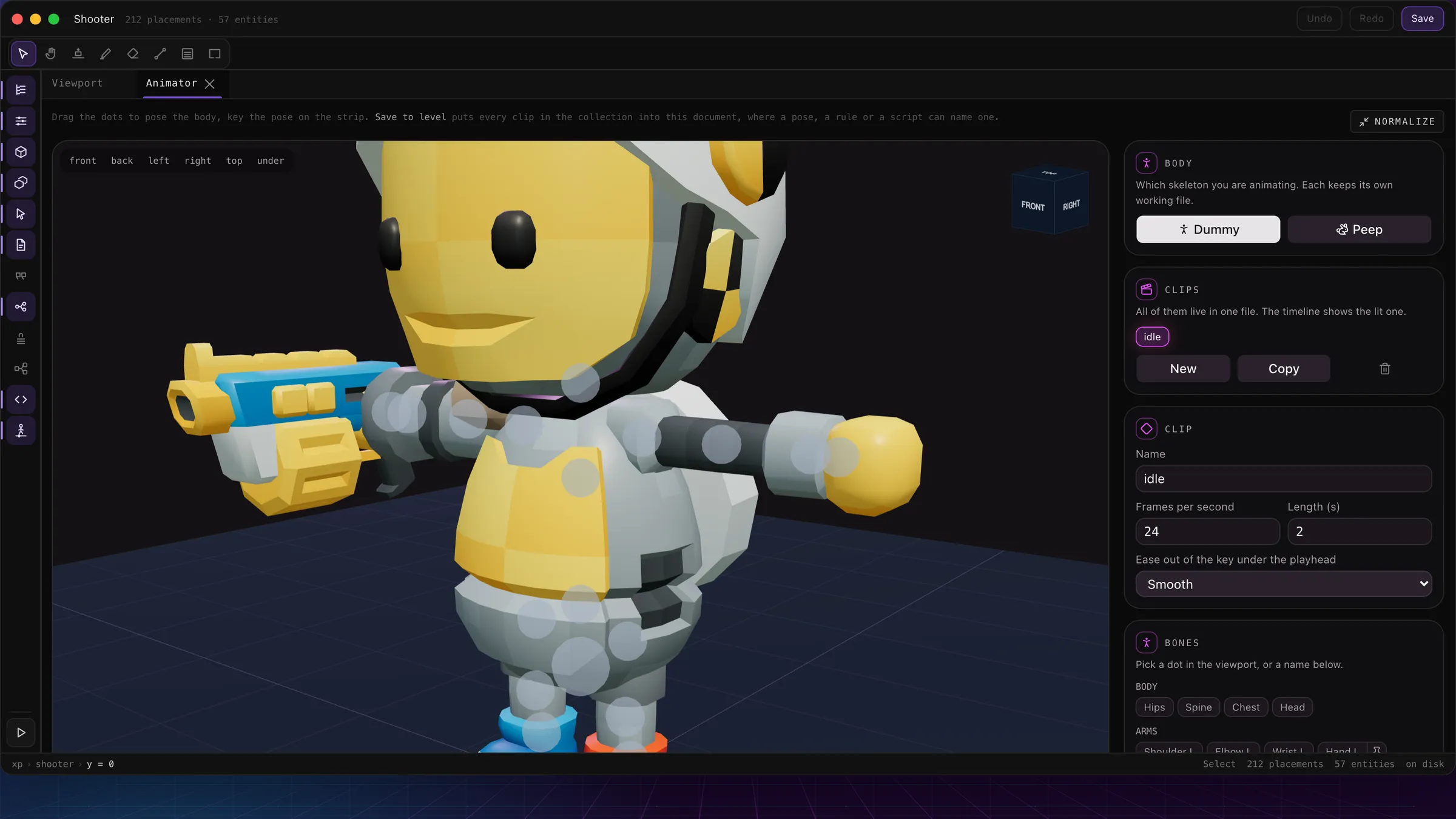The animator filling the editor dock: the dummy with draggable pose dots, view controls, and the body, clips, clip and bones panels on the right