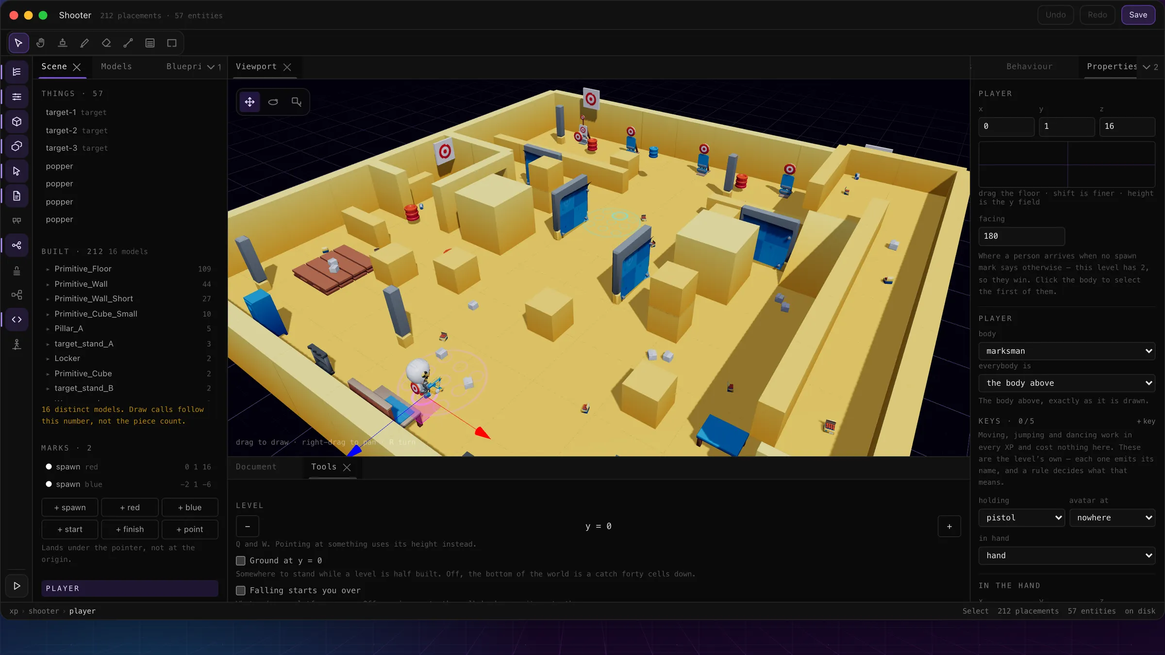 The Scene panel with marks and the player selected, and the Properties panel showing the player form: position, facing, body, keys, holding and grip